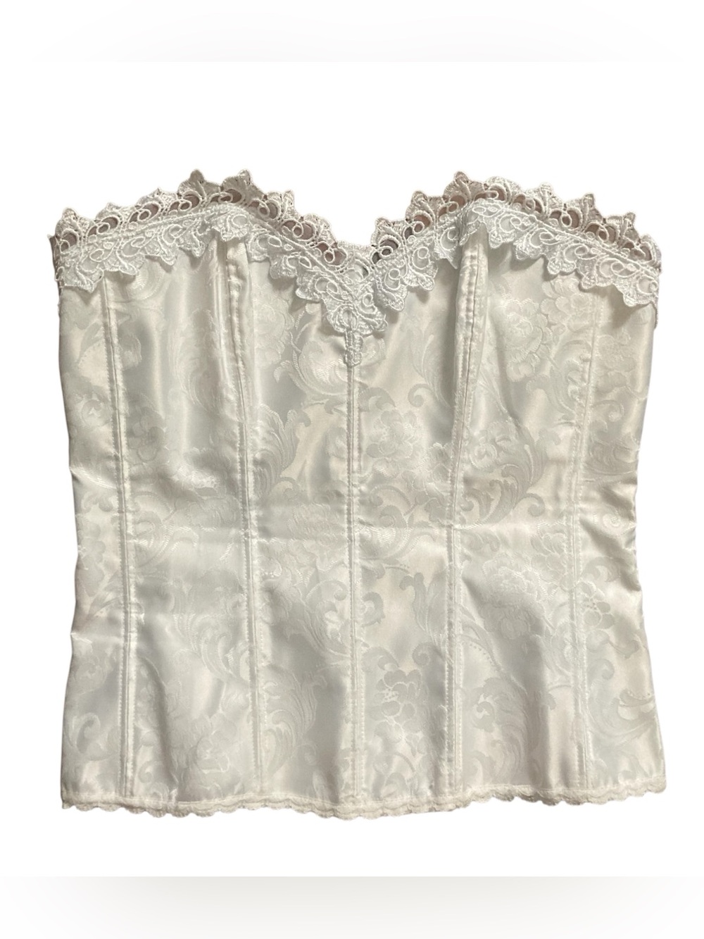 Vintage Frederick’s of Hollywood White Satin Jacquard with Lace Trim Corset